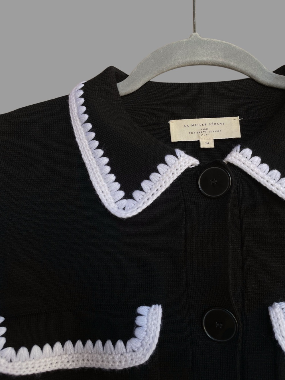 SEZANE Black Merino Wool Knit Collared Betty Cardigan w/ White Crochet Details - Picture 13 of 17